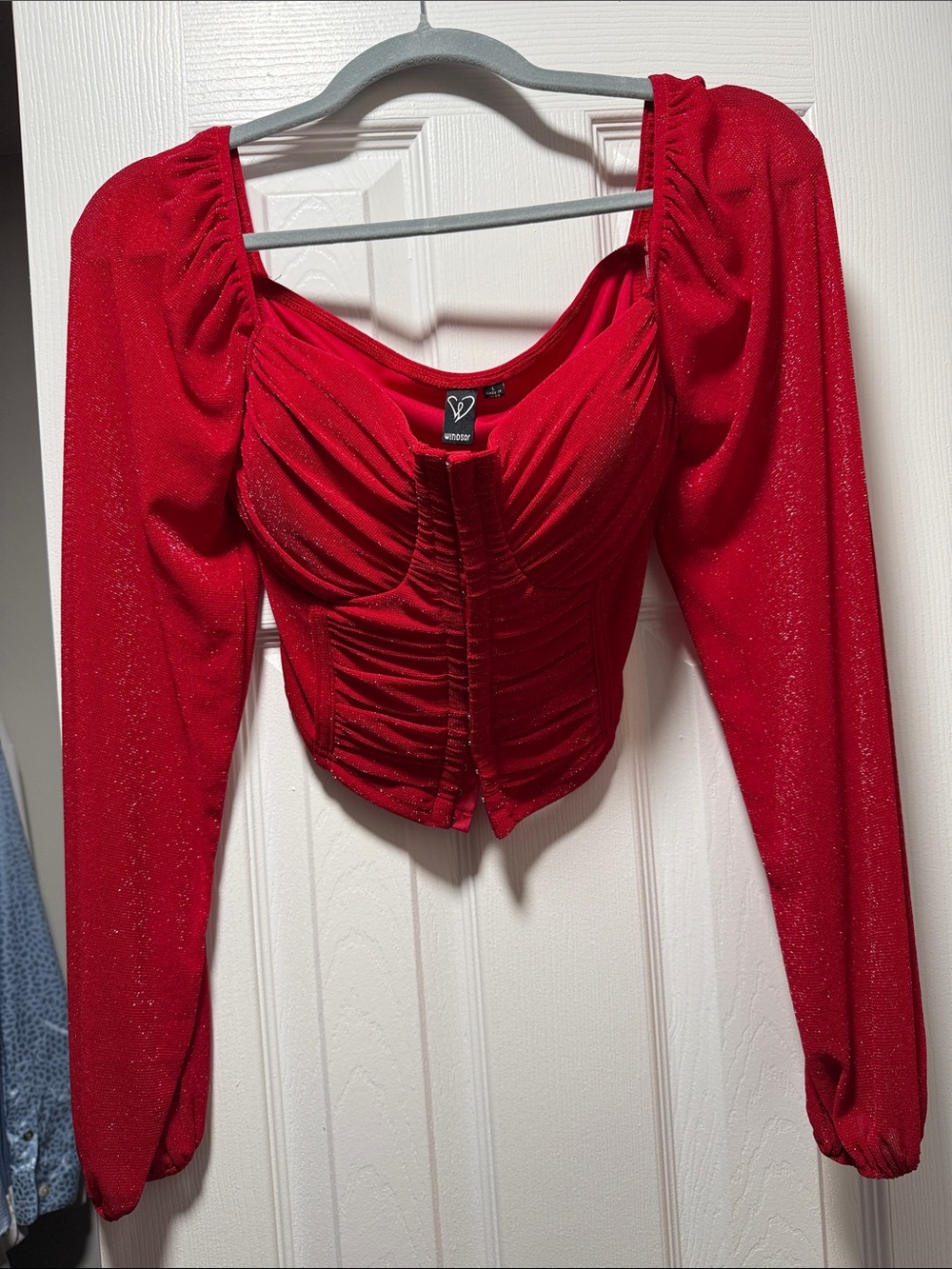 Windsor Shimmer Red Ruched Long-Sleeve Crop Top
